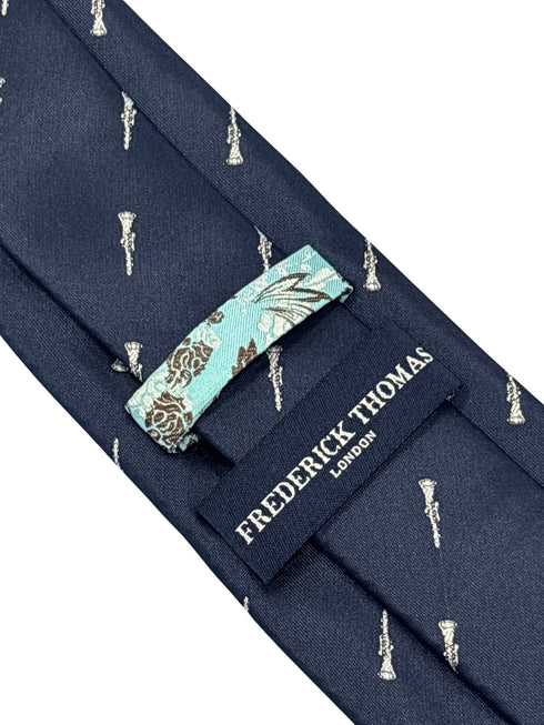 navy dark blue tie with embroidered clarinet design