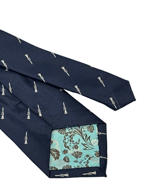 navy dark blue tie with embroidered clarinet design