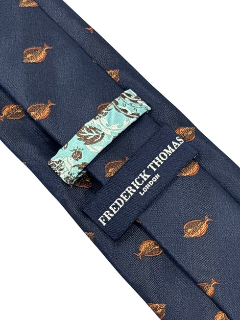 navy dark blue tie with plaice sole fish design