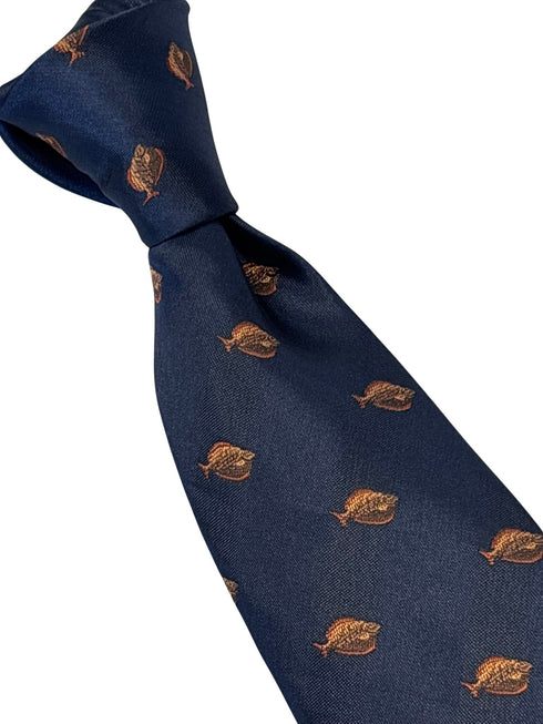 navy dark blue tie with plaice sole fish design