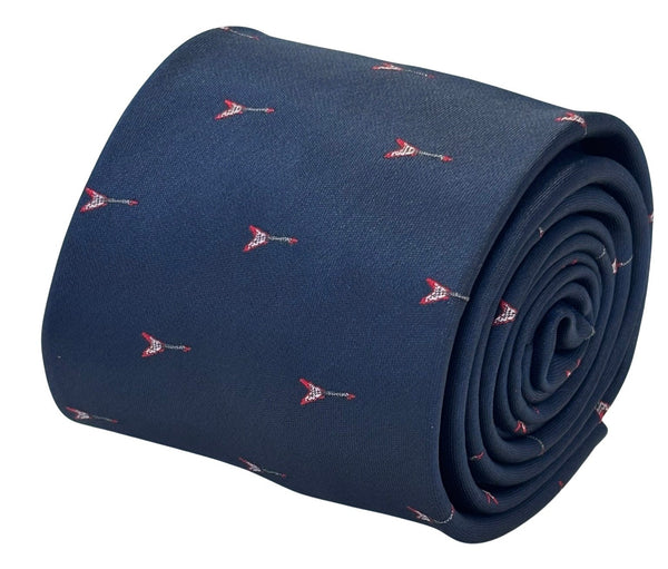 navy dark blue tie with embroidered electric metal guitar flying V gibson design