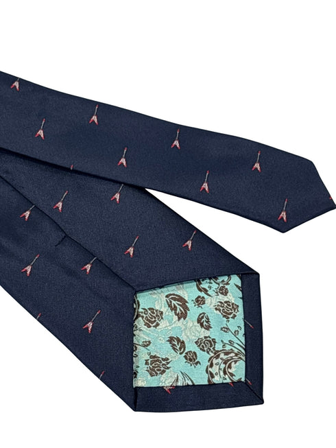 navy dark blue tie with embroidered electric metal guitar flying V gibson design