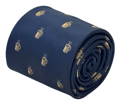 navy dark blue tie with an embroidered coffee cup design
