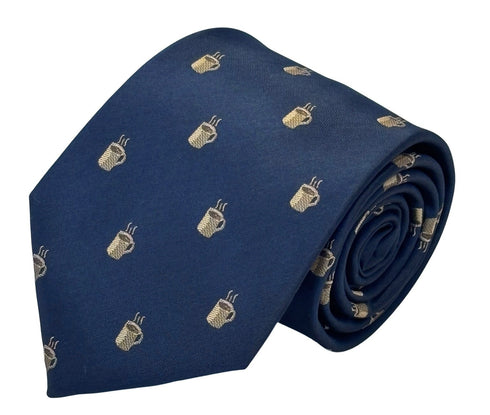 navy dark blue tie with an embroidered coffee cup design