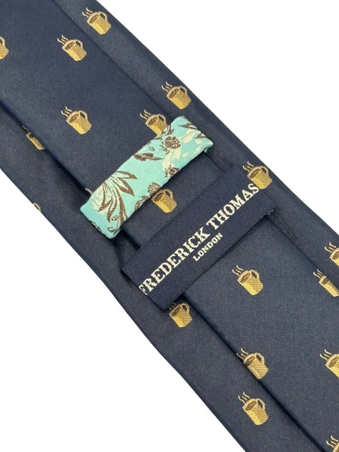 navy dark blue tie with an embroidered coffee cup design