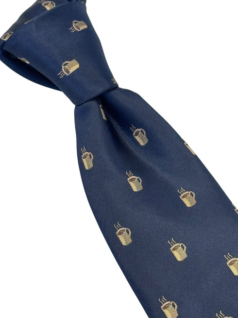navy dark blue tie with an embroidered coffee cup design