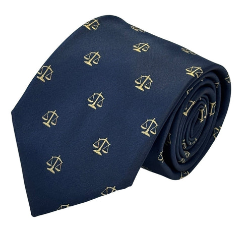 navy dark blue tie with an embroidered scales of justice law design