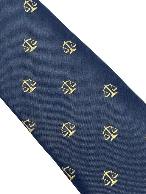 navy dark blue tie with an embroidered scales of justice law design