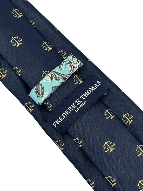 navy dark blue tie with an embroidered scales of justice law design