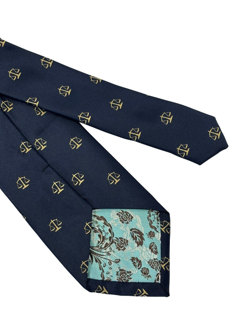 navy dark blue tie with an embroidered scales of justice law design