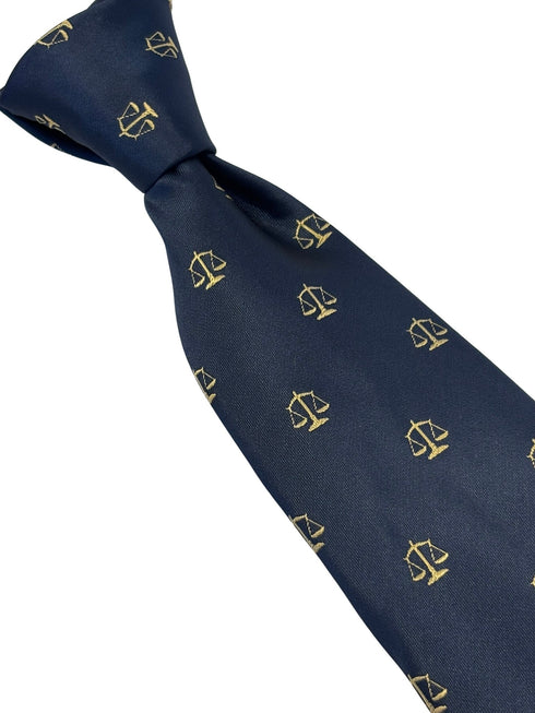 navy dark blue tie with an embroidered scales of justice law design