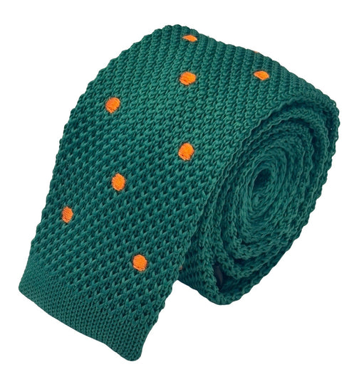 knitted tie in emerald green with an orange polka spots design