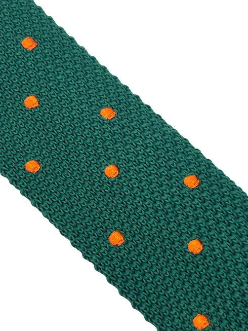 knitted tie in emerald green with an orange polka spots design