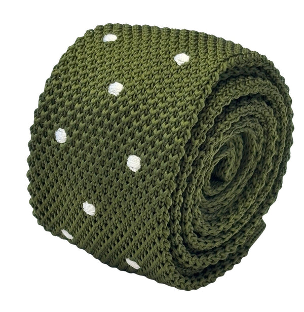 knitted tie in khaki green with white polka dots