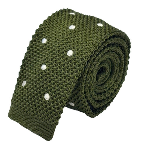 knitted tie in khaki green with white polka dots