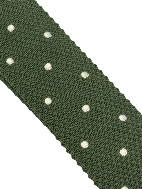 knitted tie in khaki green with white polka dots