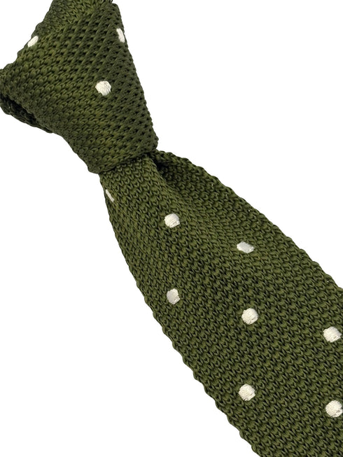 knitted tie in khaki green with white polka dots
