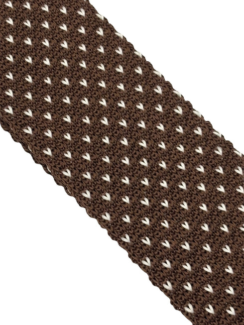 knitted tie in chocolate brown with white pin spots