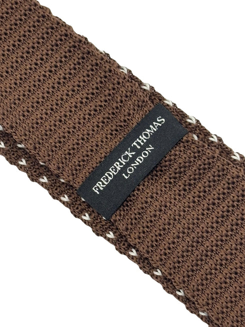 knitted tie in chocolate brown with white pin spots