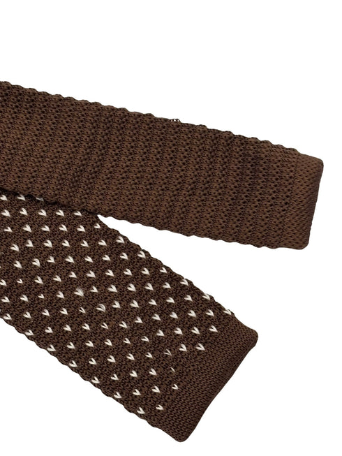 knitted tie in chocolate brown with white pin spots