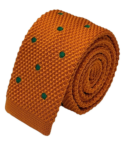 knitted tie in bright orange with emerald green polka dots