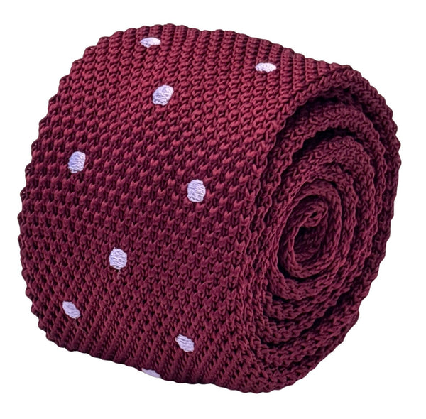 knitted tie in maroon burgundy with lilac polka spots