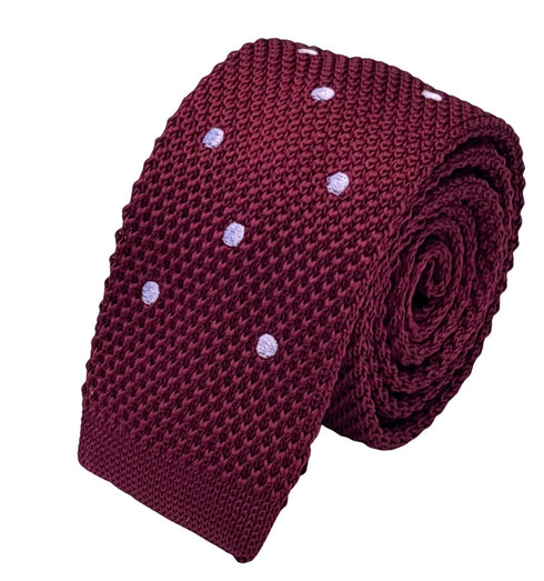 knitted tie in maroon burgundy with lilac polka spots