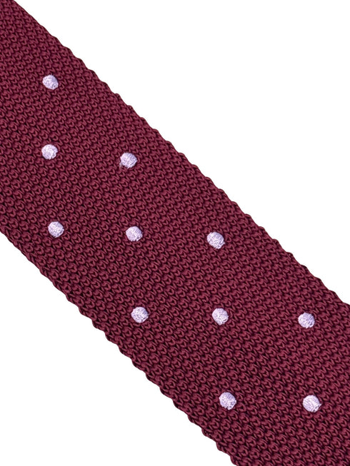 knitted tie in maroon burgundy with lilac polka spots