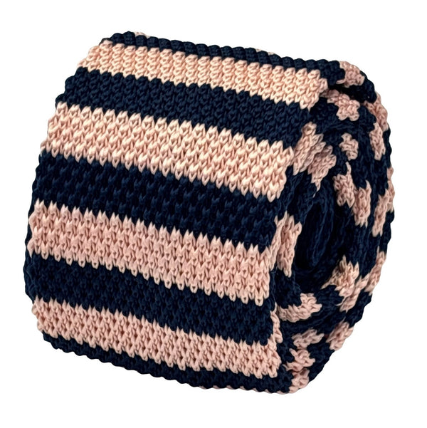 knitted tie in navy dark blue and baby light pink stripes
