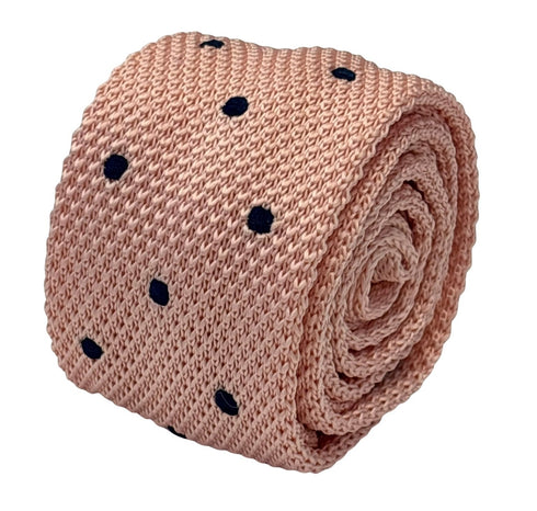 knitted tie in baby light pale pink with dark navy blue spots