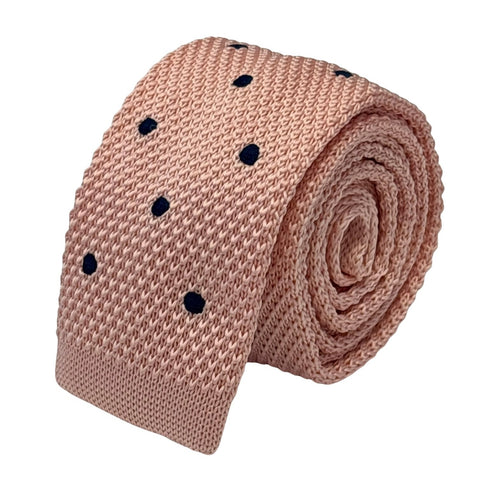 knitted tie in baby light pale pink with dark navy blue spots