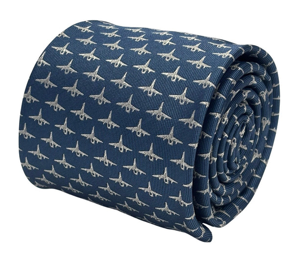 medium denim blue tie with fighter aeroplane design