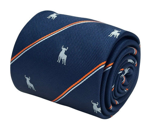 navy tie with bull silhouette  and striped design