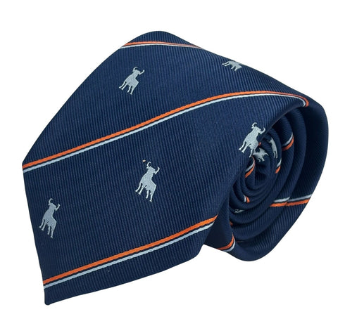 navy tie with bull silhouette  and striped design