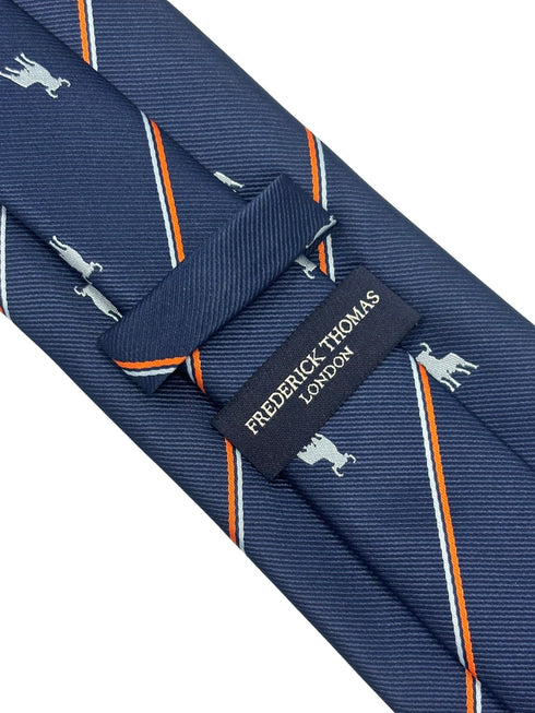 navy tie with bull silhouette  and striped design