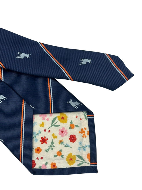 navy tie with bull silhouette  and striped design