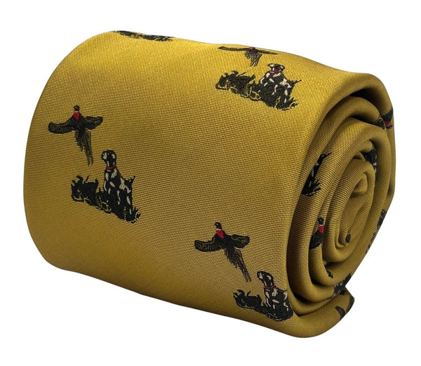 mustard tie with hunting dog and pheasant design