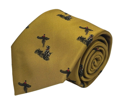 mustard tie with hunting dog and pheasant design