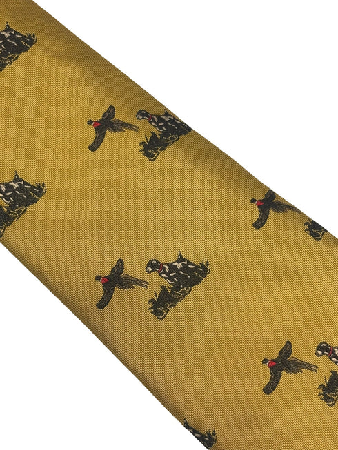 mustard tie with hunting dog and pheasant design