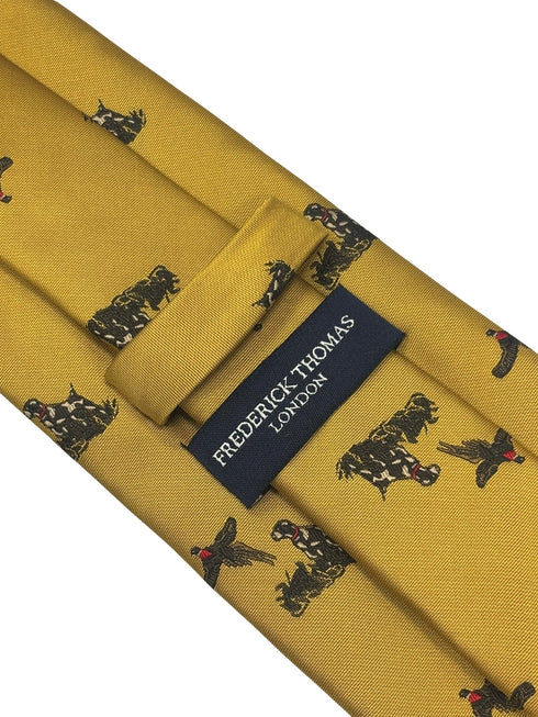mustard tie with hunting dog and pheasant design
