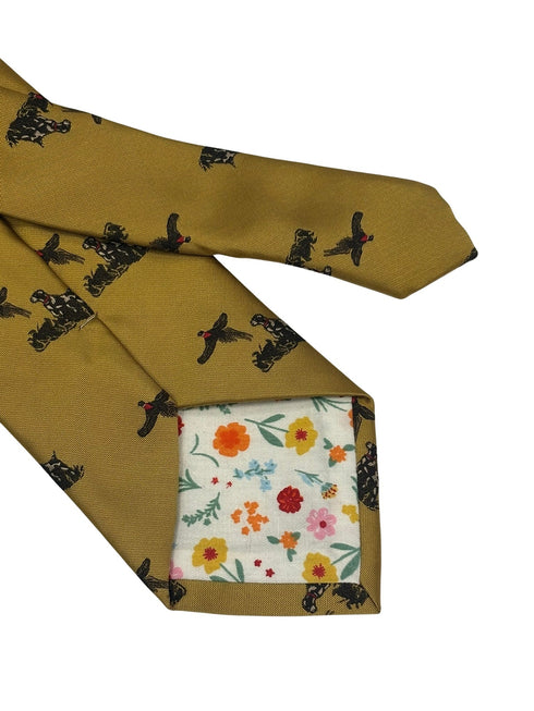 mustard tie with hunting dog and pheasant design