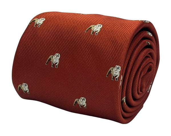 burnt orange red tie with embroidered british bulldog design