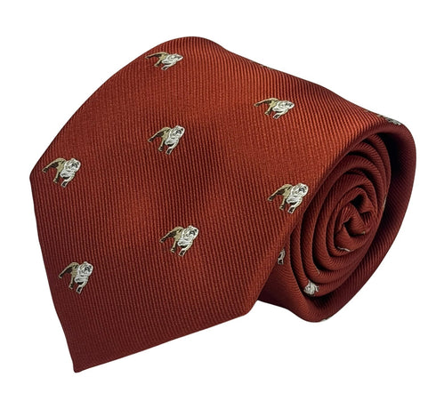 burnt orange red tie with embroidered british bulldog design