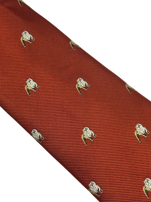 burnt orange red tie with embroidered british bulldog design