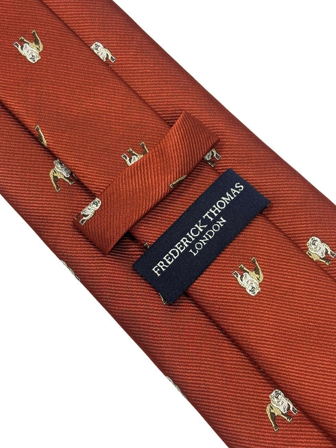 burnt orange red tie with embroidered british bulldog design