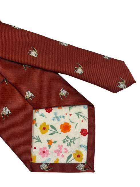 burnt orange red tie with embroidered british bulldog design