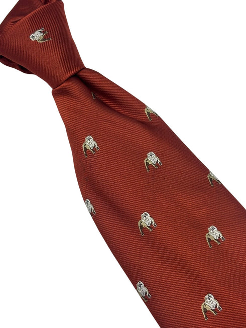 burnt orange red tie with embroidered british bulldog design