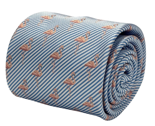 light blue and white pin striped tie with pink flamingo design