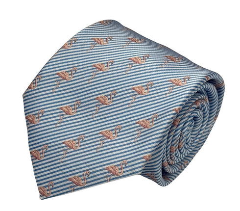 light blue and white pin striped tie with pink flamingo design