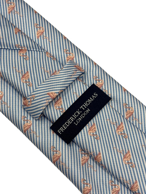light blue and white pin striped tie with pink flamingo design